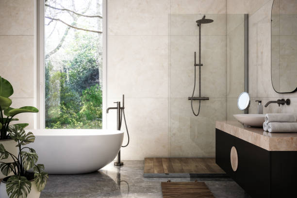 Modern Bathroom Interior stock photo - 3d render Sanitaires - Bordeaux Confort Énergie - BCE